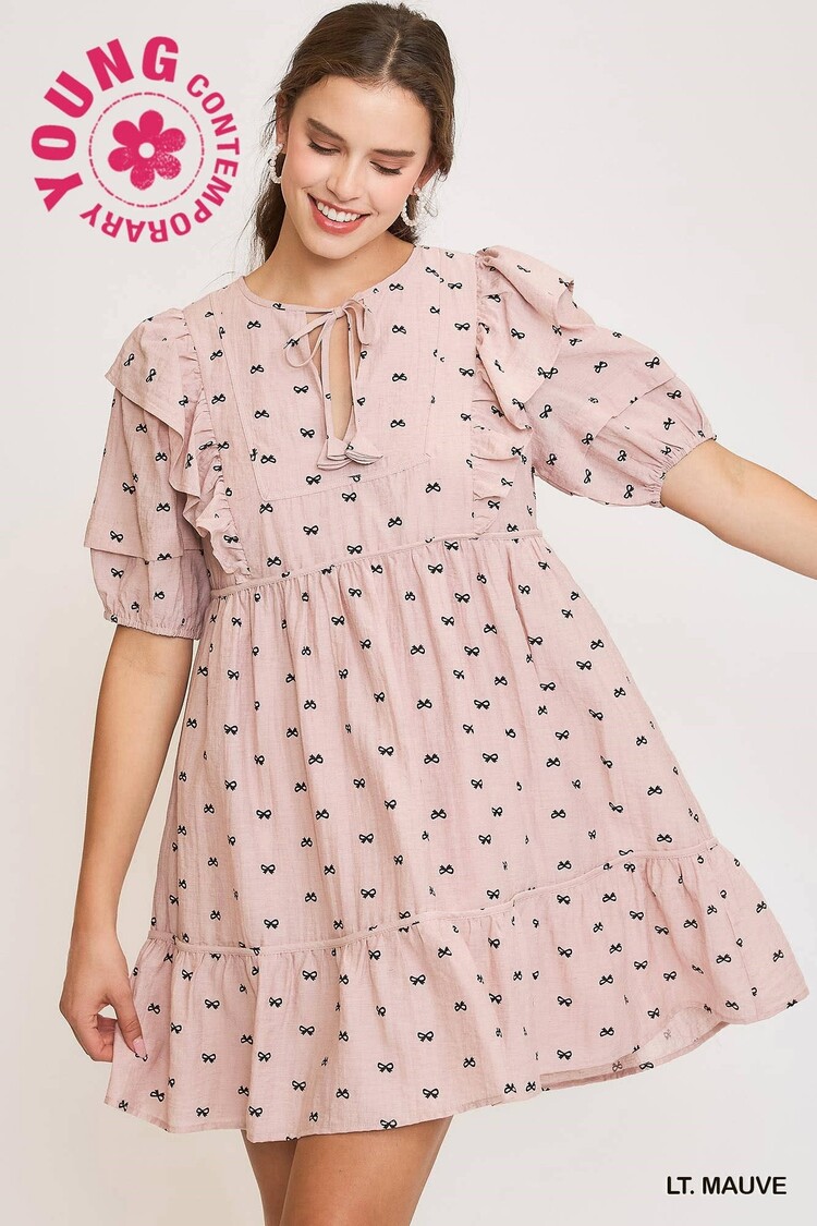 Umgee Ribbon Print Mini Dress with Piping Details