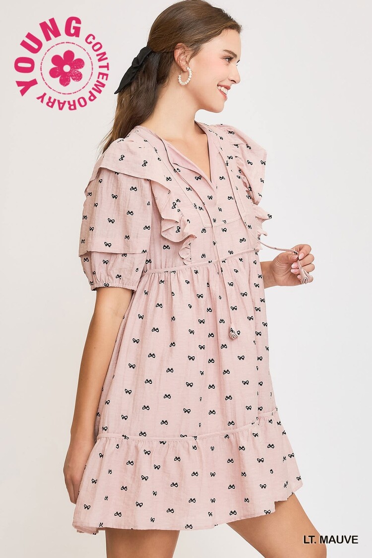 Umgee Ribbon Print Mini Dress with Piping Details