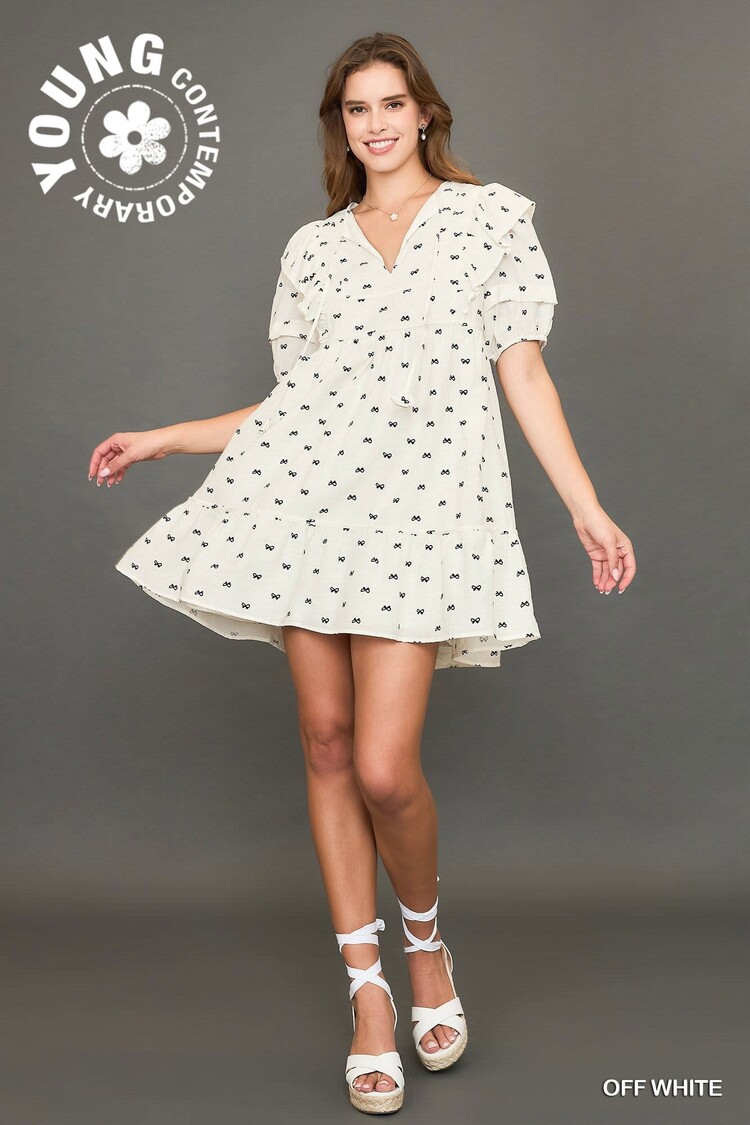 Umgee Ribbon Print Mini Dress with Piping Details