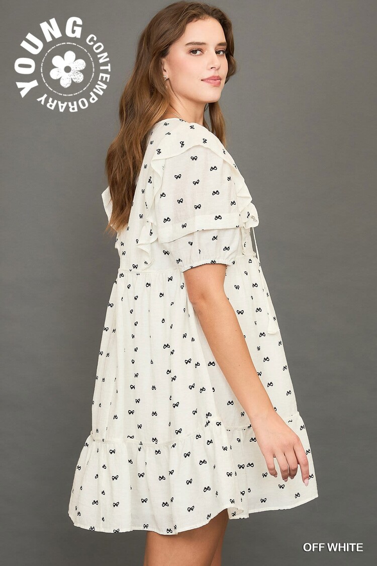 Umgee Ribbon Print Mini Dress with Piping Details