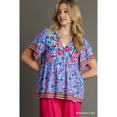 Umgee Mixed Print Smocked Shoulder Top with Front Tie
