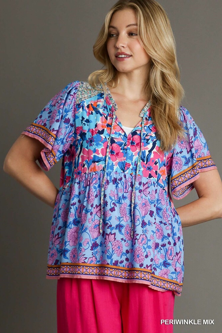 Umgee Mixed Print Smocked Shoulder Top with Front Tie