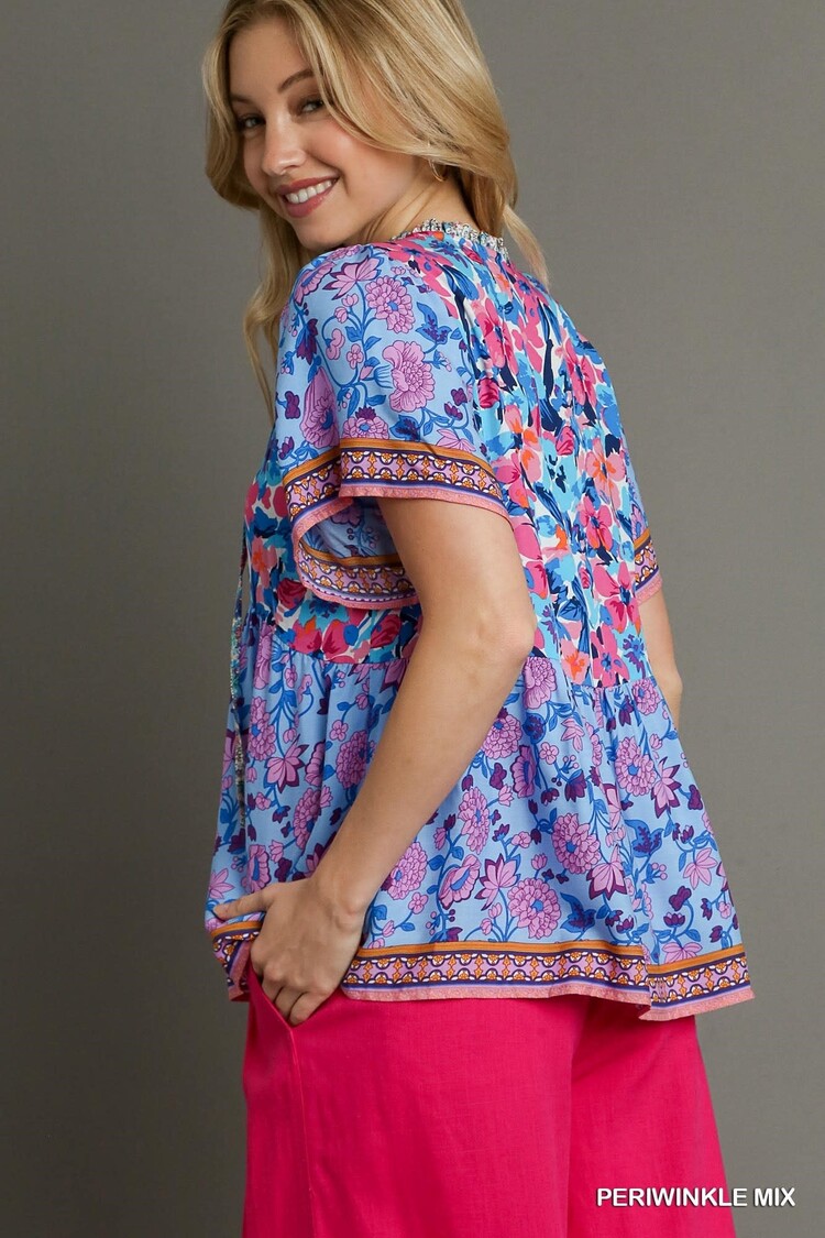 Umgee Mixed Print Smocked Shoulder Top with Front Tie