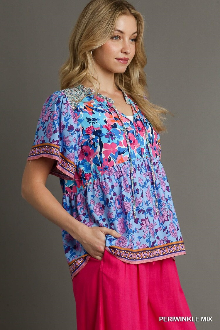 Umgee Mixed Print Smocked Shoulder Top with Front Tie