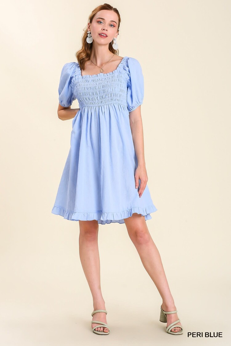 Umgee Smocked Chest & Puff Balloon Sleeve Dress with No Lining