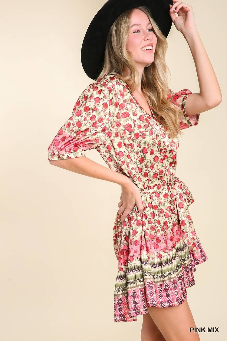 Umgee Satin Floral Print Dress with High Low Cut & Split Neck, Short Puff Sleeves