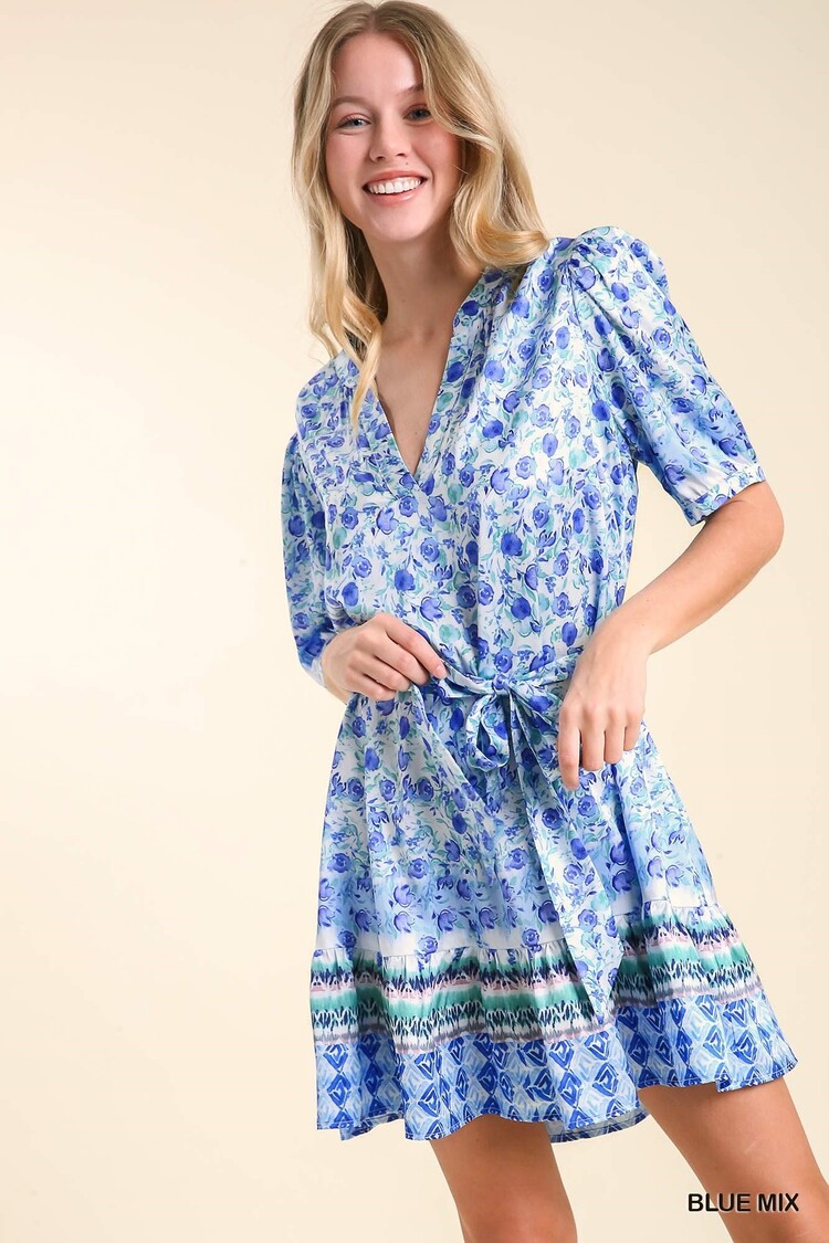 Umgee Satin Floral Print Dress with High Low Cut & Split Neck, Short Puff Sleeves