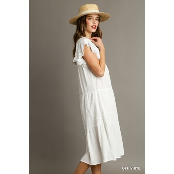 Umgee Tiered Split Neck Midi Dress with Eyelet Details & Short Ruffle Eyelet Layered Sleeve