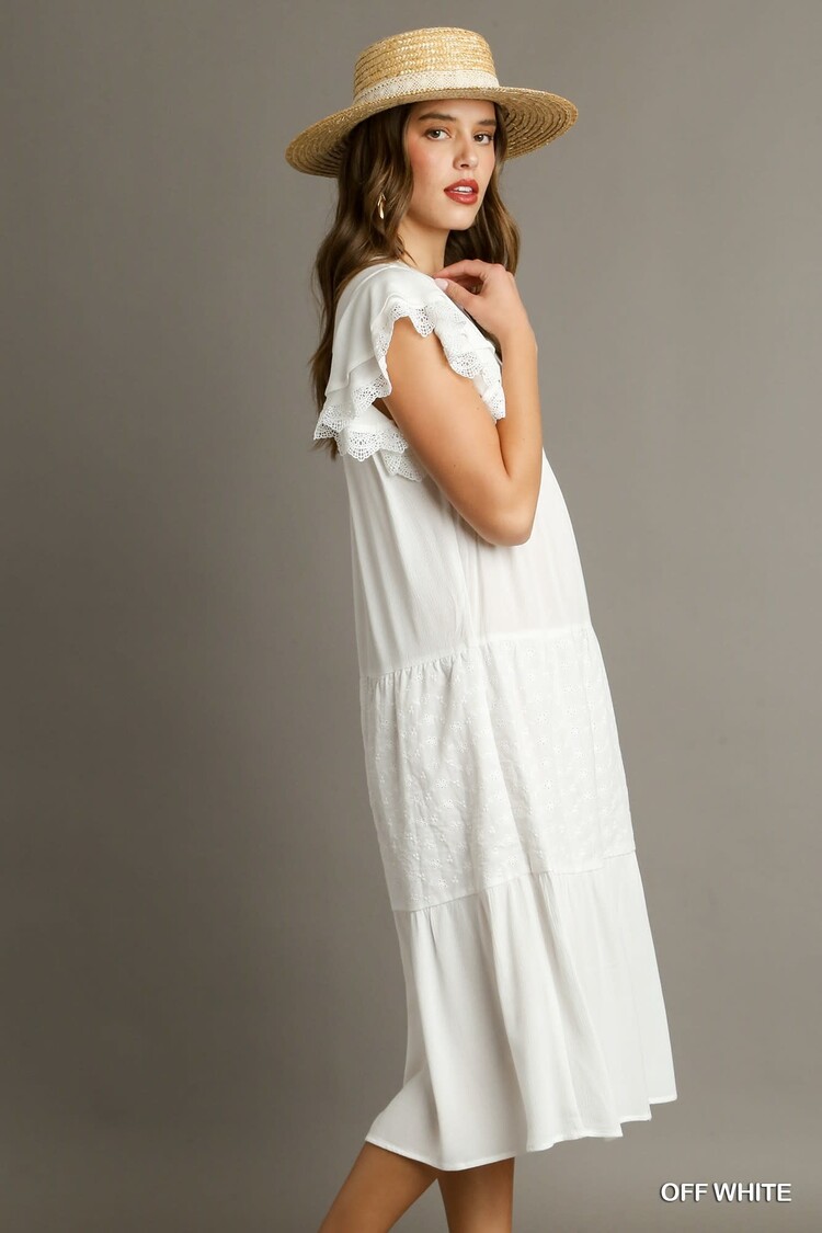 Umgee Tiered Split Neck Midi Dress with Eyelet Details & Short Ruffle Eyelet Layered Sleeve