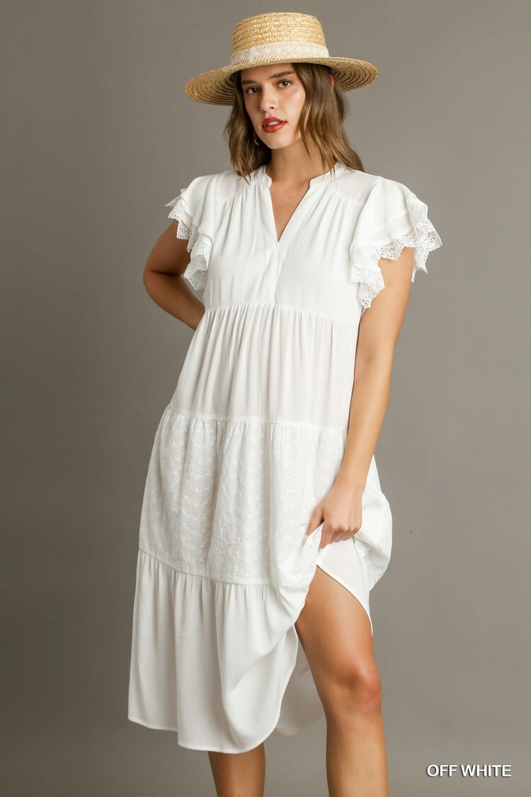 Umgee Tiered Split Neck Midi Dress with Eyelet Details & Short Ruffle Eyelet Layered Sleeve