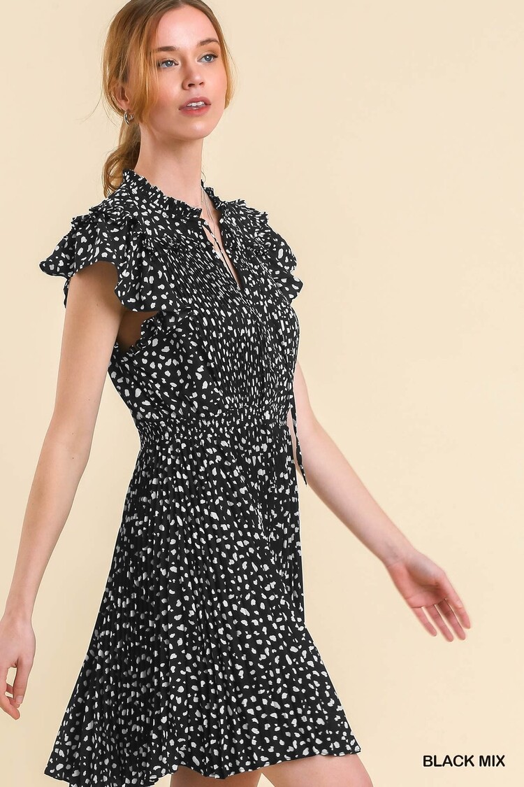 Umgee Dalmatian Print Dress with Flutter Sleeves Front Neck Tie and Pleated Skirt