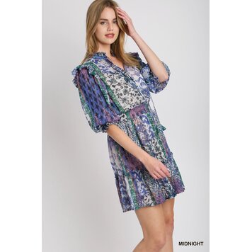 Umgee Mixed Print Ruffle Neckline with Front Tie Dress with Elastic Smocked Waistband, 3/4 Balloon Sleeve