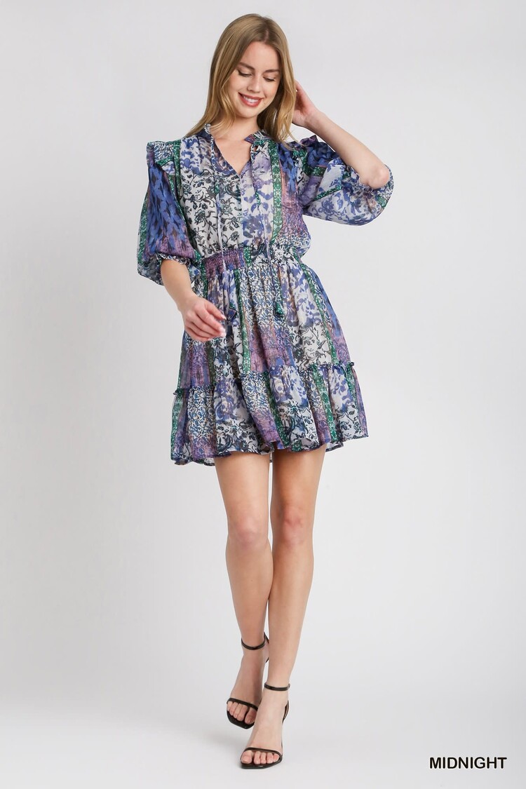 Umgee Mixed Print Ruffle Neckline with Front Tie Dress with Elastic Smocked Waistband, 3/4 Balloon Sleeve