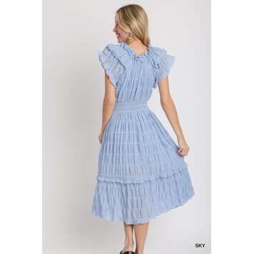 Umgee Texture Fabric Maxi Dress with Flutter Sleeves, Front Tie, & Smocked Waistband