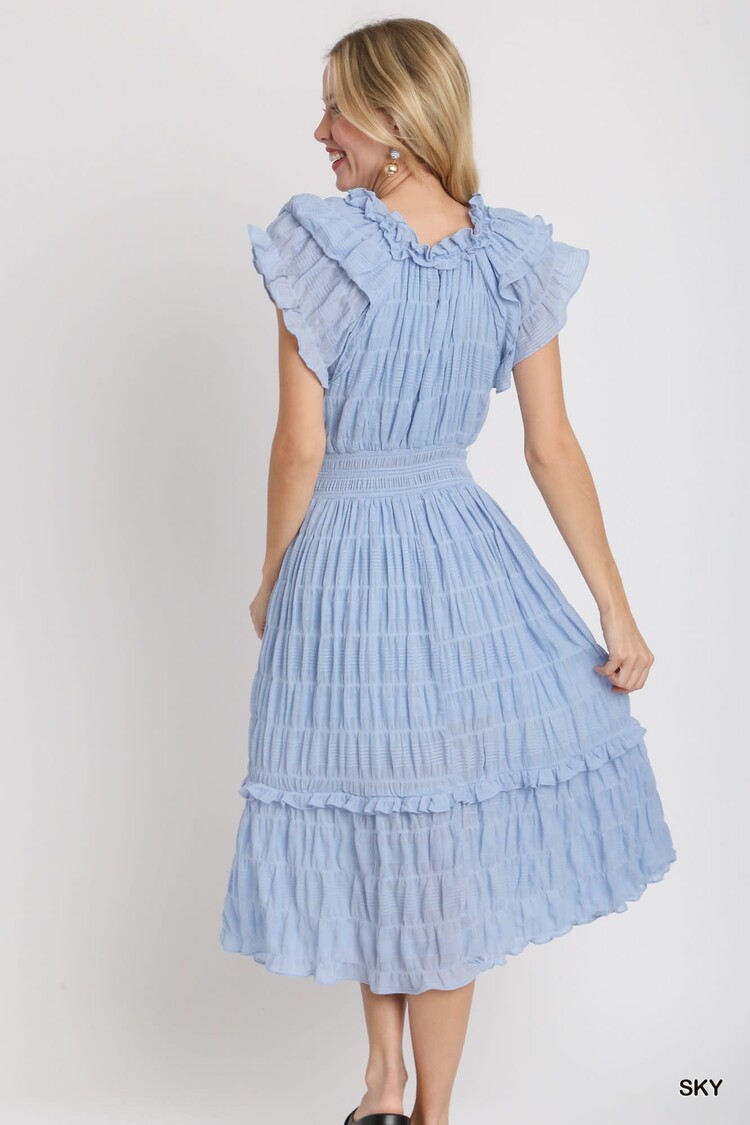 Umgee Texture Fabric Maxi Dress with Flutter Sleeves, Front Tie, & Smocked Waistband