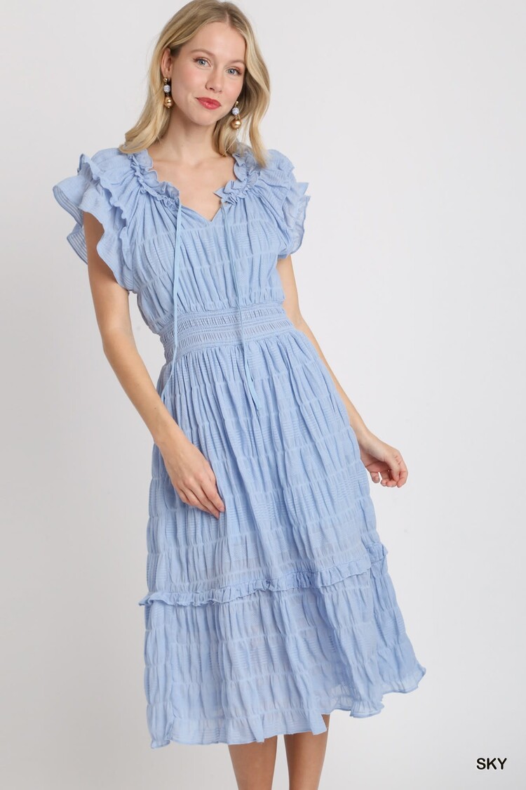 Umgee Texture Fabric Maxi Dress with Flutter Sleeves, Front Tie, & Smocked Waistband
