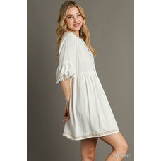 Umgee Linen V-Neck Short Dress with Embroidery Detail, Front Tie, & 3/4 Sleeves