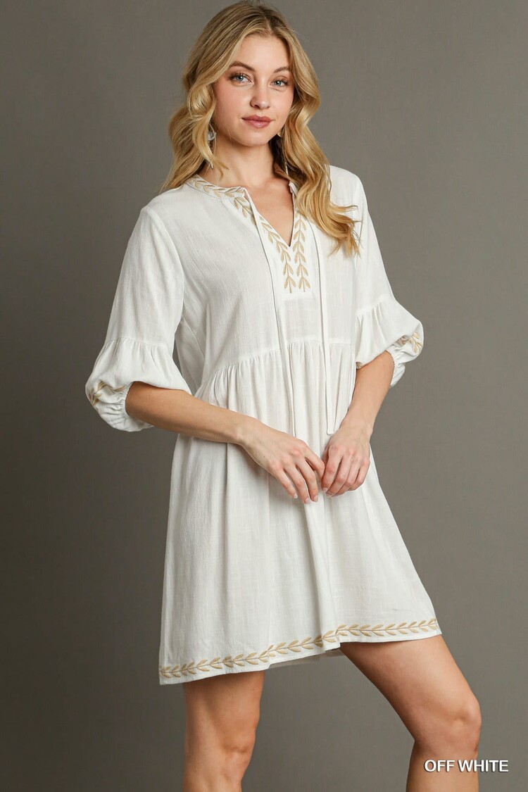 Umgee Linen V-Neck Short Dress with Embroidery Detail, Front Tie, & 3/4 Sleeves