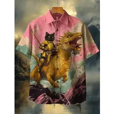 Cartoon Cat & Dinosaur Hawaiian Shirt