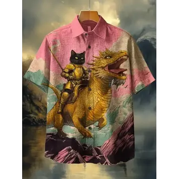 Cartoon Cat & Dinosaur Hawaiian Shirt