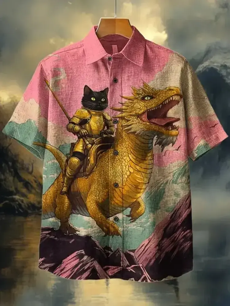 Cartoon Cat & Dinosaur Hawaiian Shirt