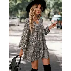 Floral V-Neck A-Line Dress with Lantern Sleeves