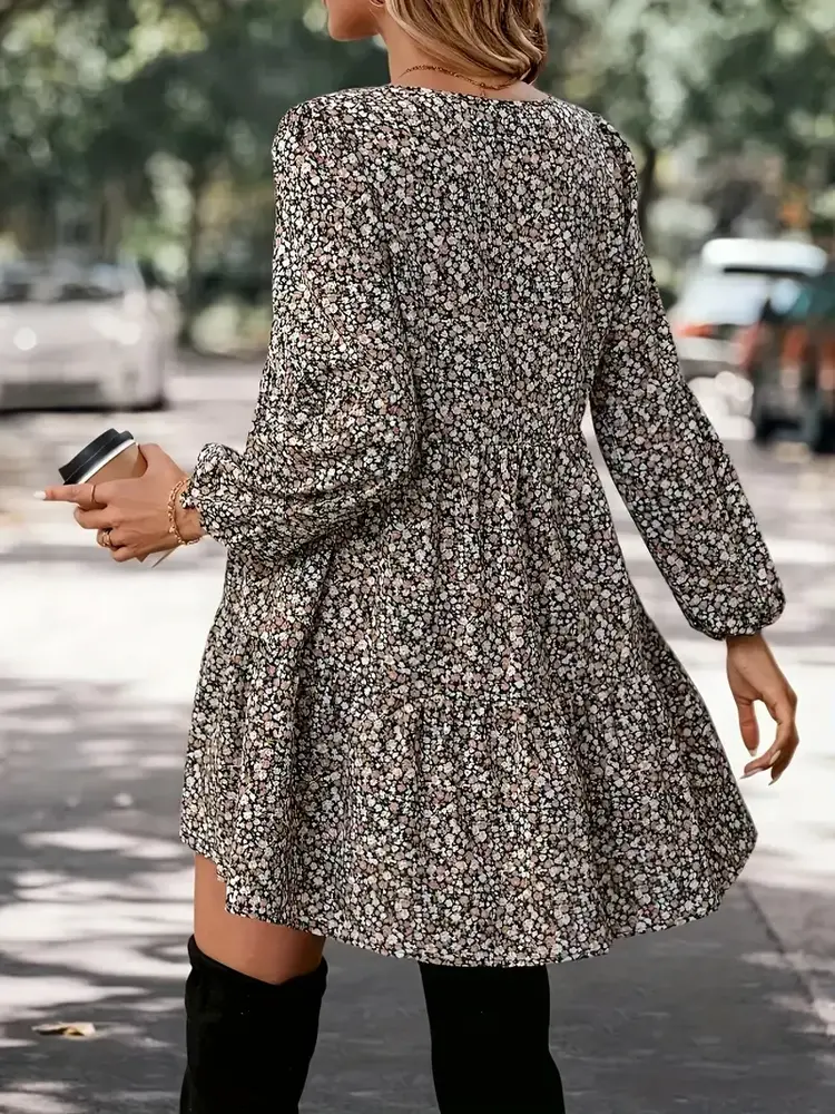 Floral V-Neck A-Line Dress with Lantern Sleeves