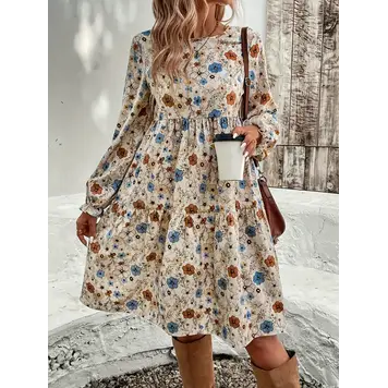 Floral Print A-Line Dress with Ruffle Hem & Puff Sleeves