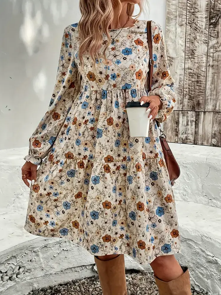 Floral Print A-Line Dress with Ruffle Hem & Puff Sleeves