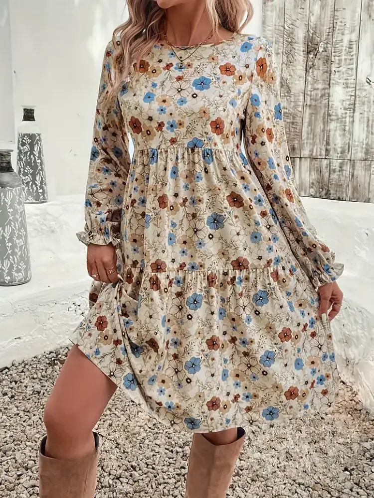 Floral Print A-Line Dress with Ruffle Hem & Puff Sleeves