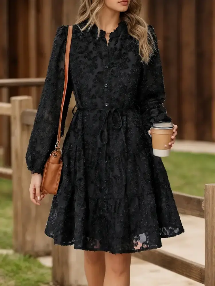 Button-Up A-Line Dress with Belt