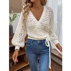 V-Neck Lantern Sleeve Crochet Top