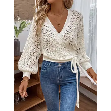 V-Neck Lantern Sleeve Crochet Top