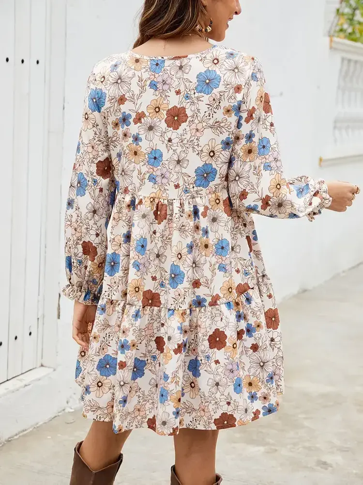 Floral Print A-Line Dress with Ruffle Hem & Puff Sleeves