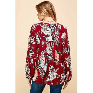 Fashion Go Red Floral Print All Over V-Neck Loose Top