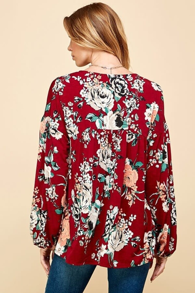 Red Floral Print All Over V-Neck Loose Top