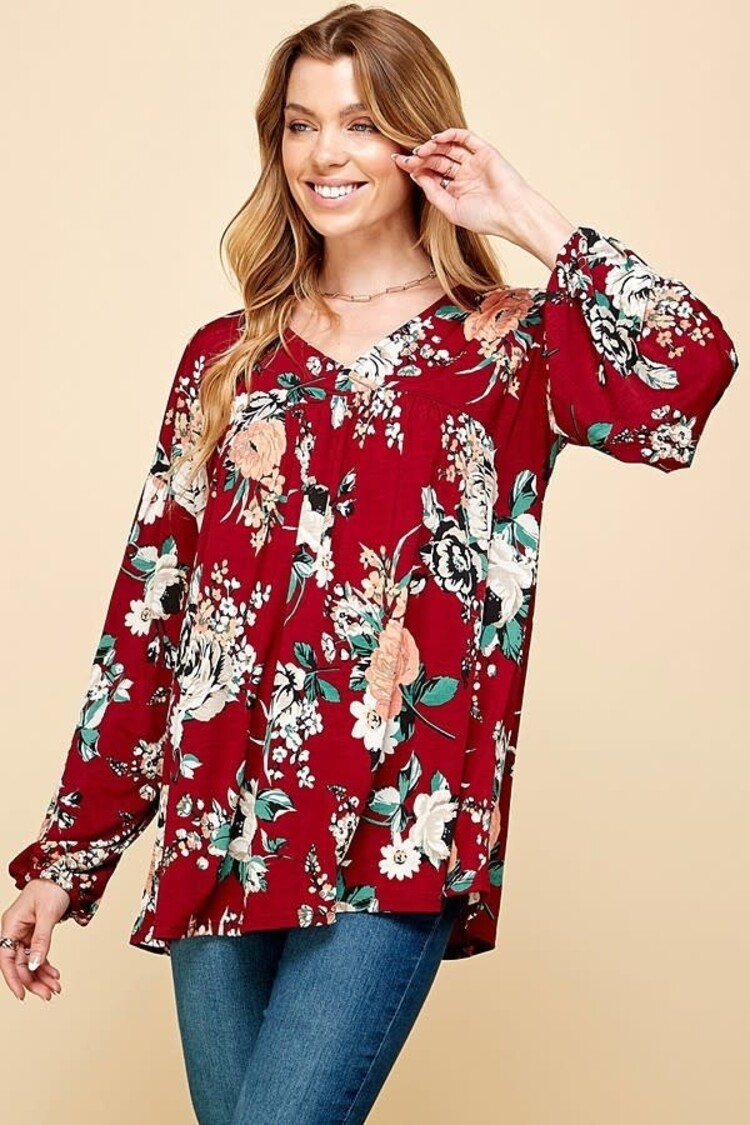 Red Floral Print All Over V-Neck Loose Top