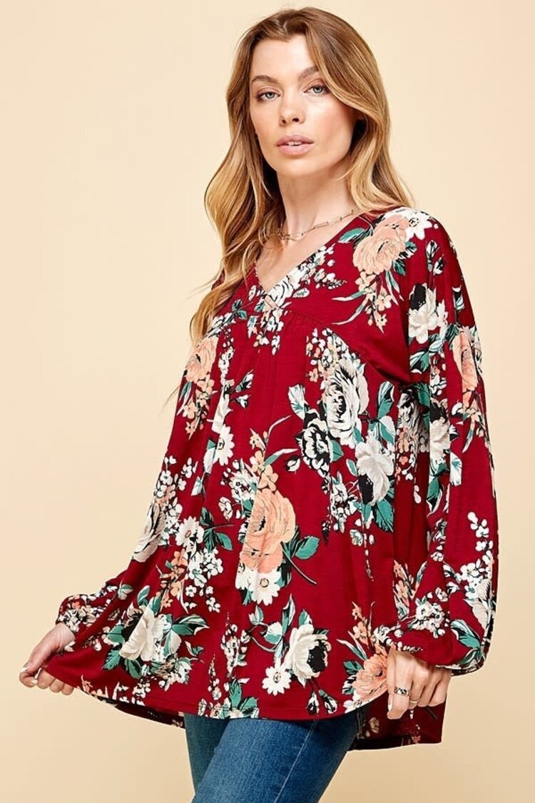 Red Floral Print All Over V-Neck Loose Top