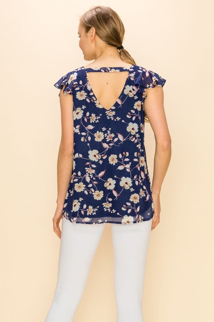 Blue Floral Print Sleeveless Ruffle Blouse