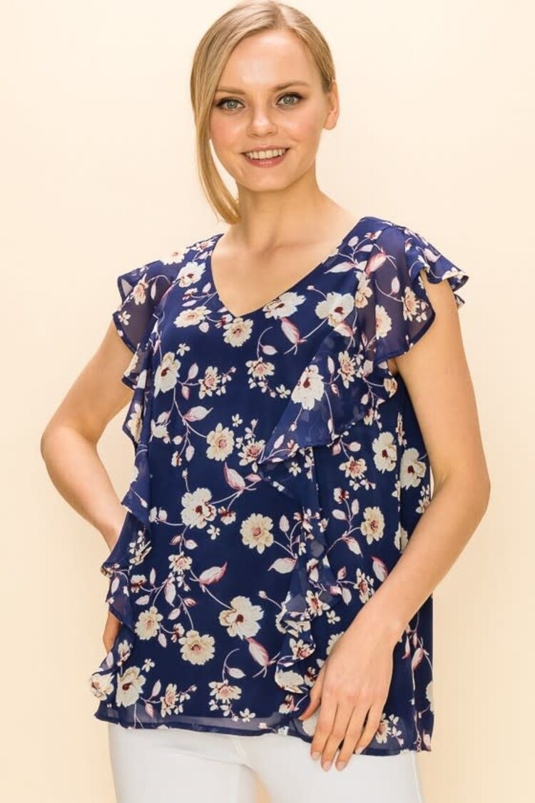 Blue Floral Print Sleeveless Ruffle Blouse