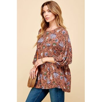 Fashion Go Women Vintage Floral Print Long Slv Top