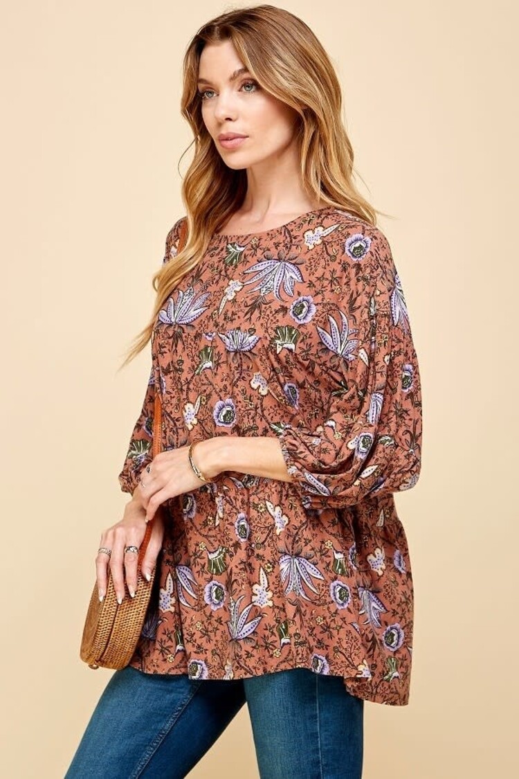 Fashion Go Women Vintage Floral Print Long Slv Top