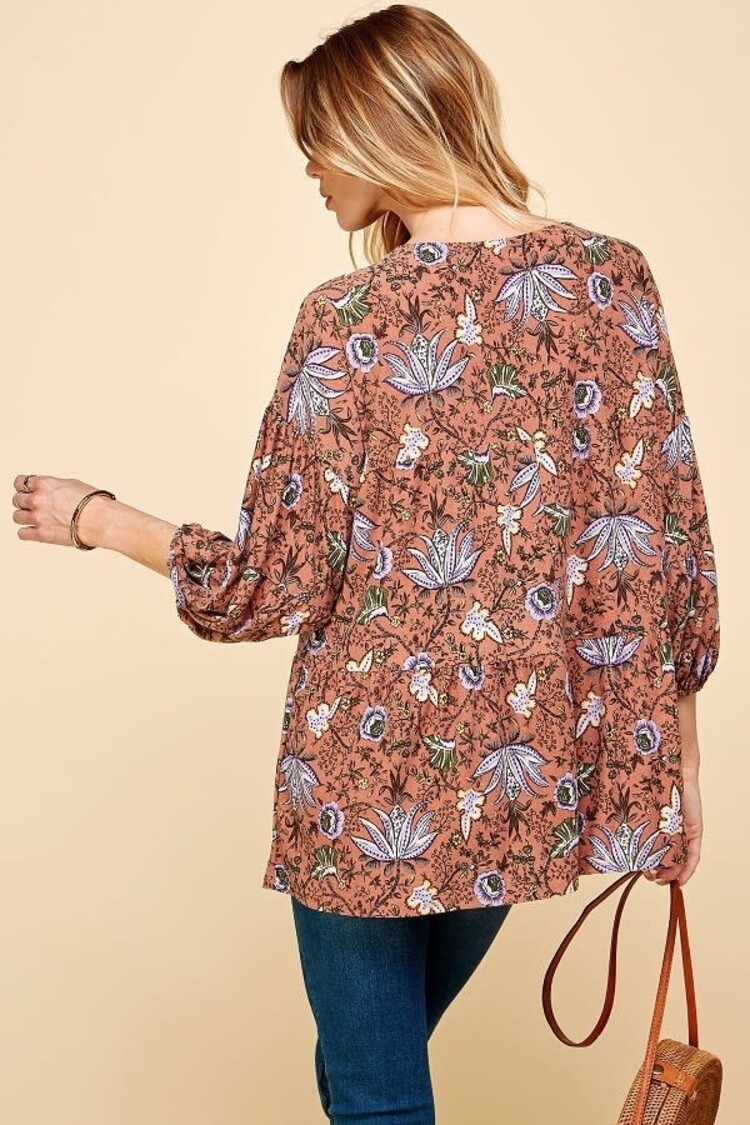 Fashion Go Women Vintage Floral Print Long Slv Top