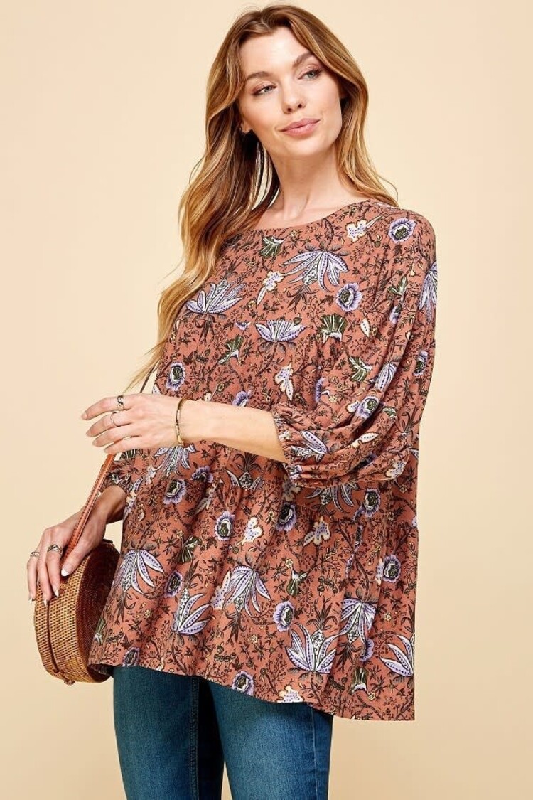Fashion Go Women Vintage Floral Print Long Slv Top