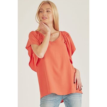 Fashion Go Plus Solid Short Ruffle Sleeve Loose Fitting Top