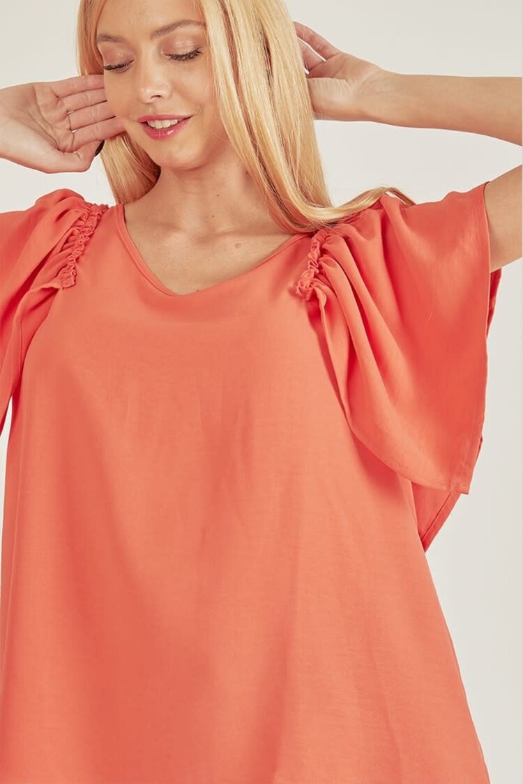 Fashion Go Plus Solid Short Ruffle Sleeve Loose Fitting Top