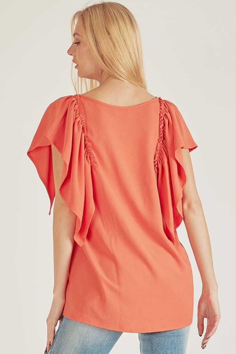 Fashion Go Plus Solid Short Ruffle Sleeve Loose Fitting Top