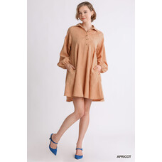 Umgee Textured Button Front Collar Balloon Sleeve Dress with Pockets