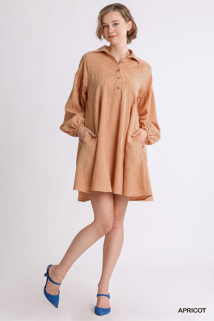 Umgee Textured Button Front Collar Balloon Sleeve Dress with Pockets