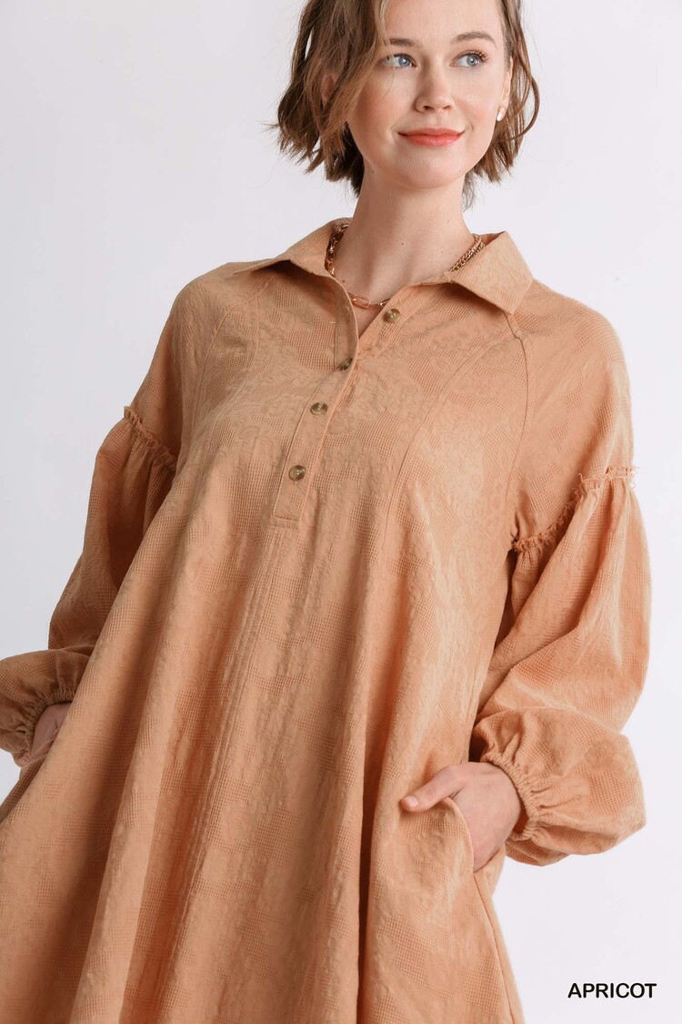 Umgee Textured Button Front Collar Balloon Sleeve Dress with Pockets